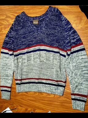 Horizon Crewneck Sweater in Blue and Light Gray with Stripe Accents
